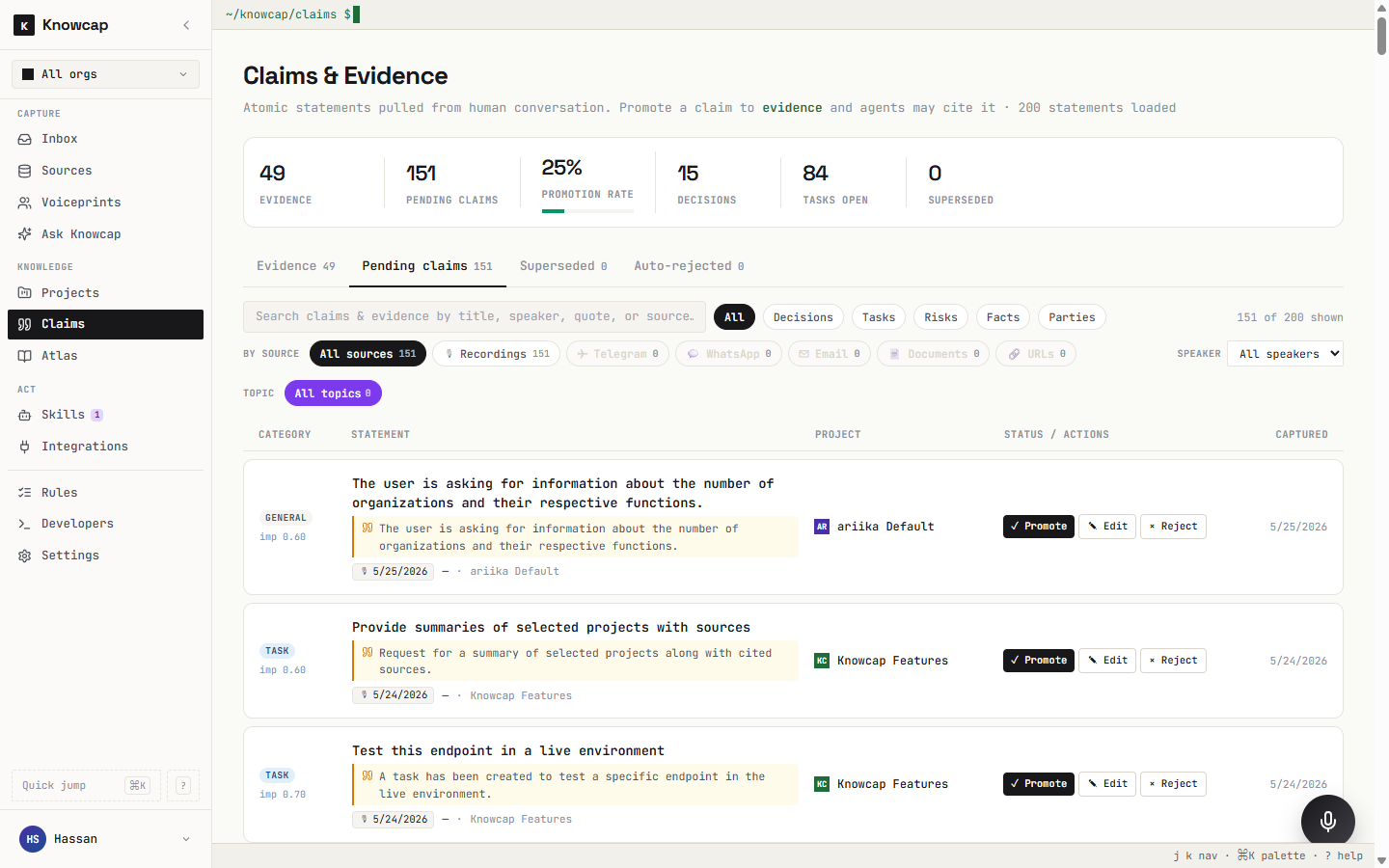 Knowcap inbox: a scope-change claim awaiting one-tap confirmation